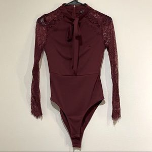 Maroon Bodysuit with Lace Sleeves & Bow